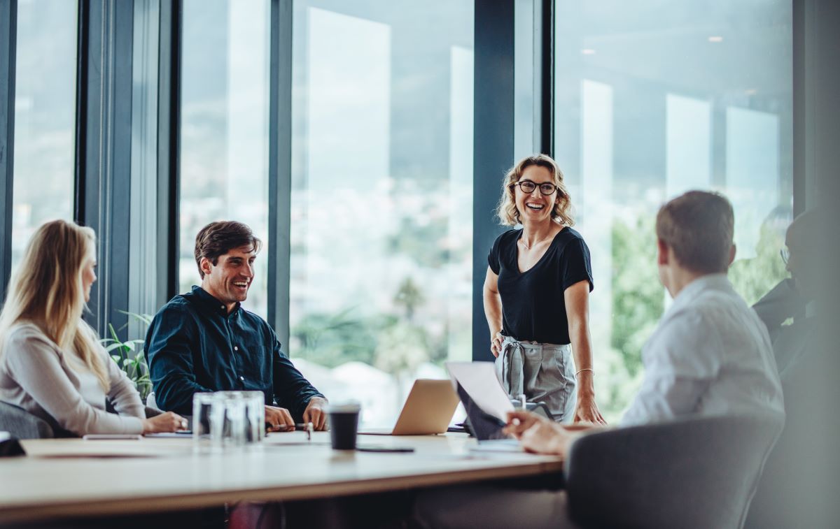 Professionals in a board room presentation