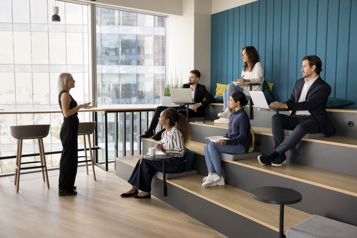 A woman speaks to a group of professionals.