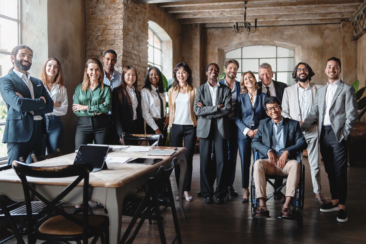 A diverse group of coworkers in a modern office.